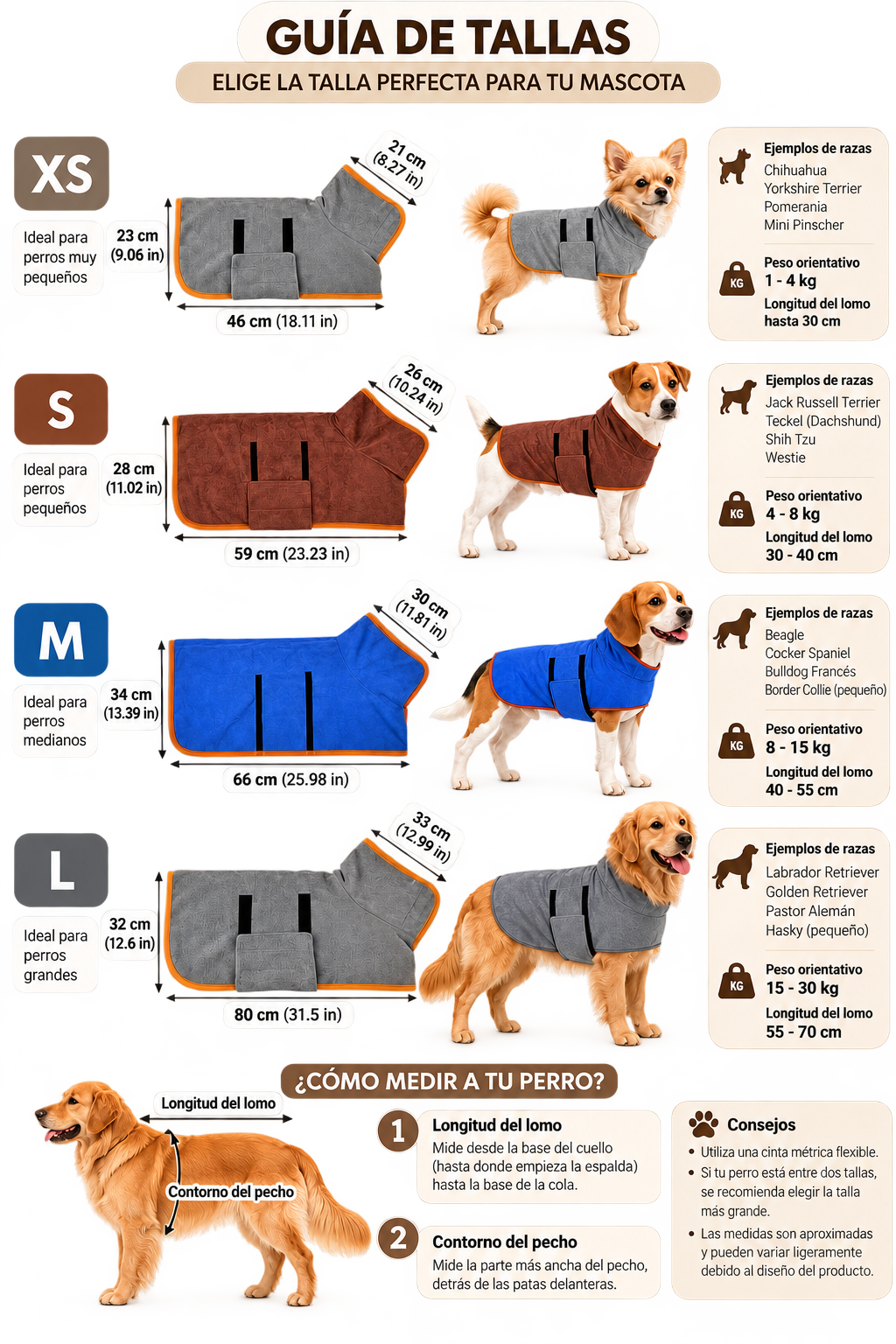 Size guide chart for pet dog coats showing XS to L measurements and breed examples.