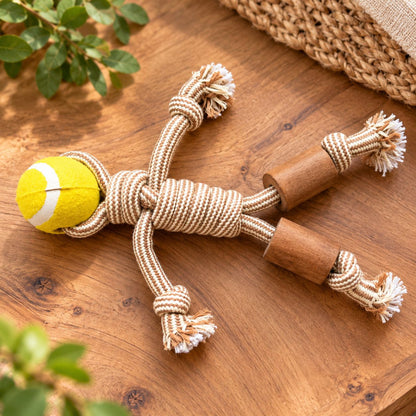 Durable cotton rope dog toy with a yellow tennis ball on a wooden surface.