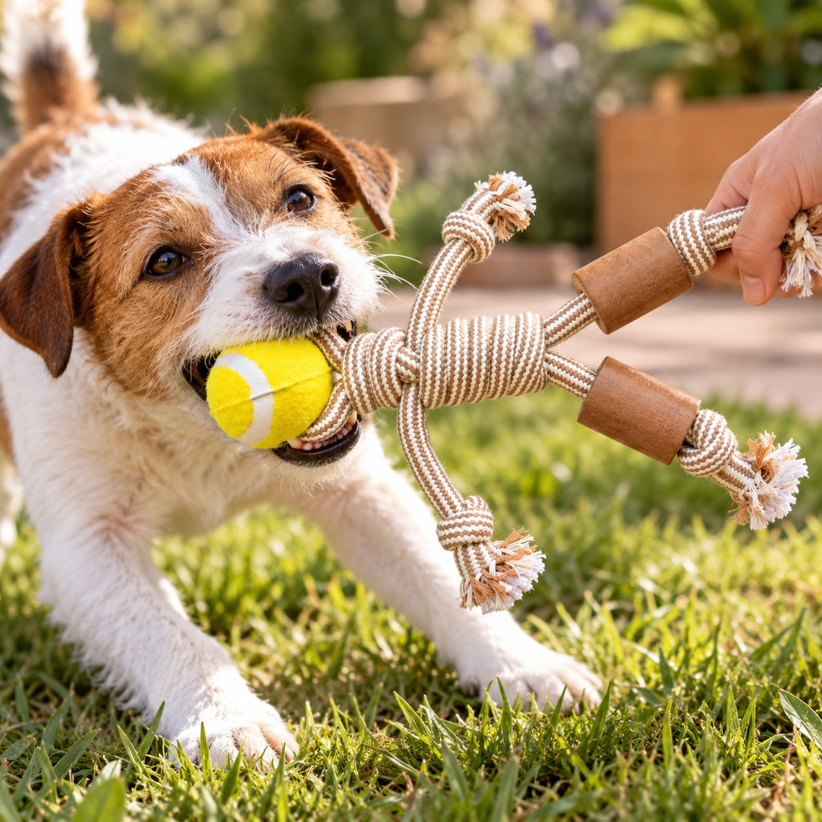 Jack Russell Terrier playing tug-of-war with a rope toy and tennis ball on green grass.