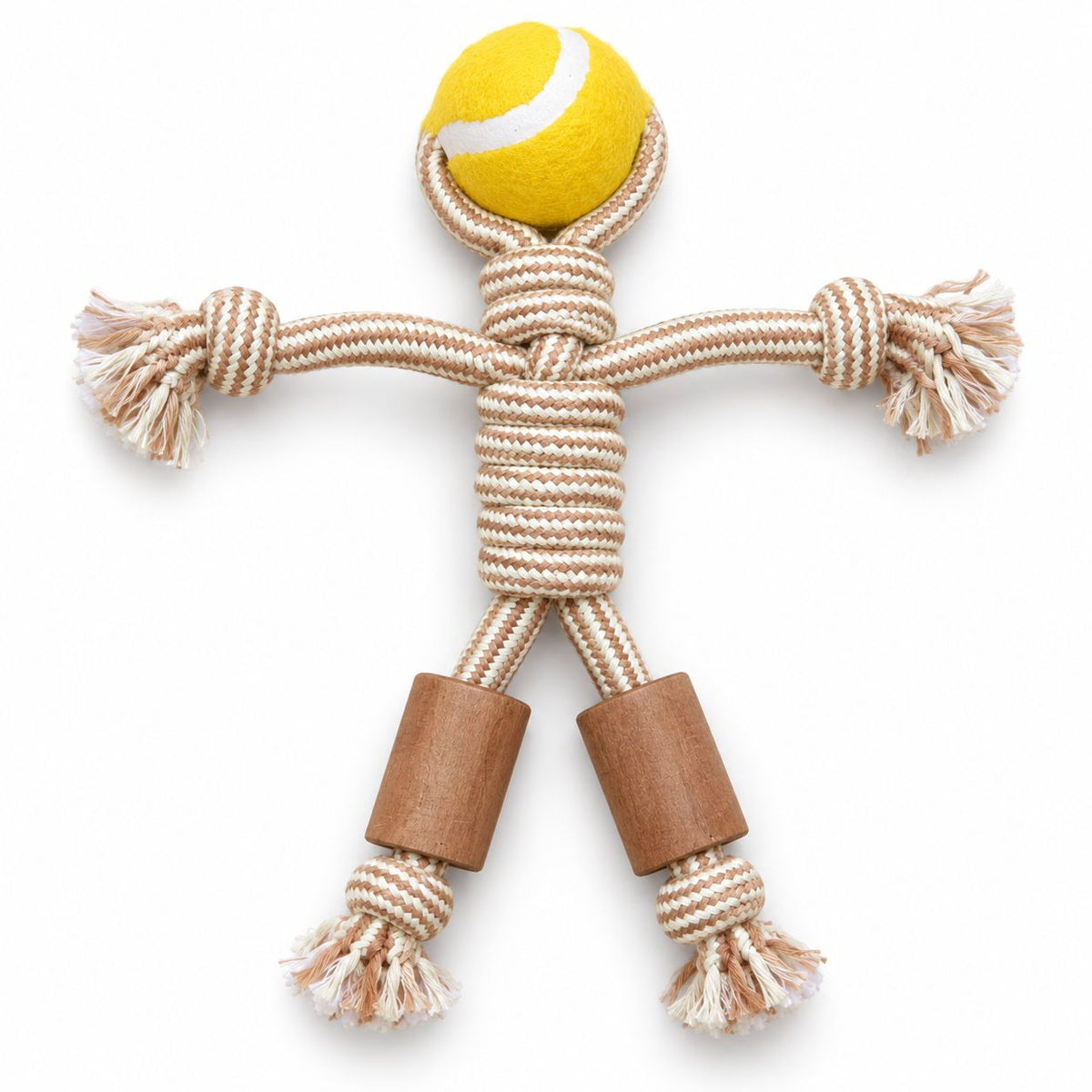 Dog rope toy with a yellow tennis ball head and wooden textured legs on white background.